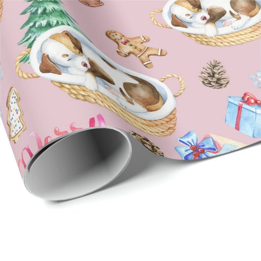 眠っている子犬のクリスマスラッピング紙 ラッピングペーパー (ロールコーナー)