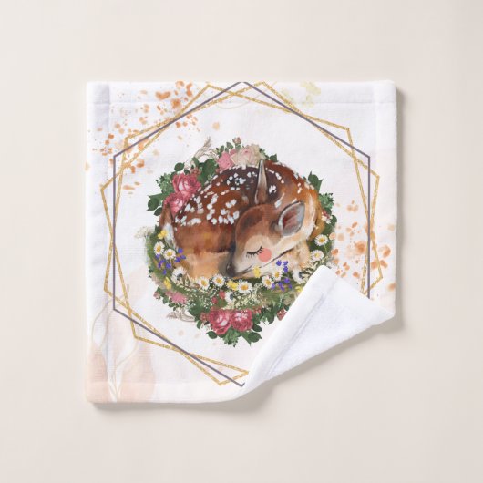 眠っている子鹿、茶色の動物グラフィック バスタオルセット (ウォッシュタオル)