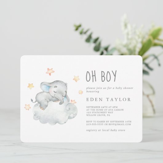 眠っている小さな象ああ男の子の赤ちゃんシャワー 招待状 (スタンド正面)