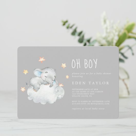 眠っている小さな象ああ男の子 |灰色のベビーシャワー 招待状 (スタンド正面)