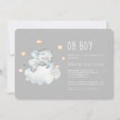 眠っている小さな象ああ男の子 |灰色のベビーシャワー 招待状 (正面)