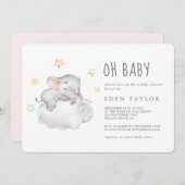 眠っている小さな象の女の子ああ赤ちゃんシャワー 招待状 (正面/裏面)