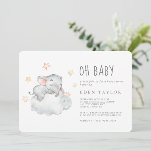 眠っている小さな象の女の子ああ赤ちゃんシャワー 招待状 (スタンド正面)