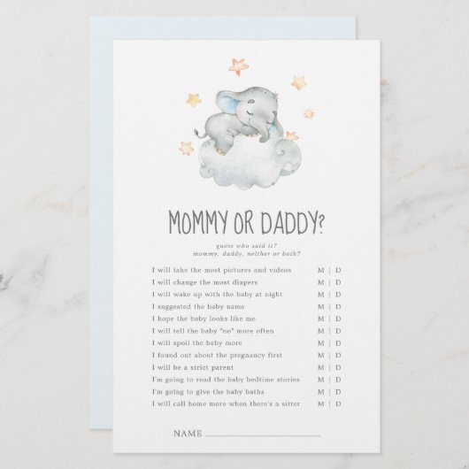 眠っている小さな象の男の子ママまたはパパのゲーム (正面/裏面)