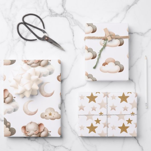 眠っている小さな象、雲、星 ラッピングペーパーシート (正面)