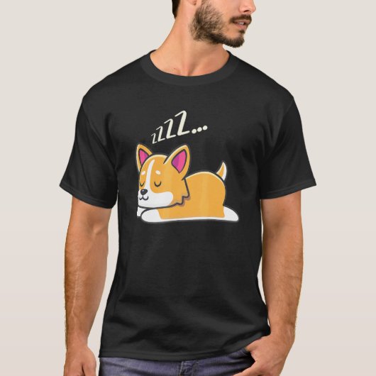 眠っている毛むくじゃらの赤ちゃん かわいい賢い犬 コーギー Tシャツ (正面)