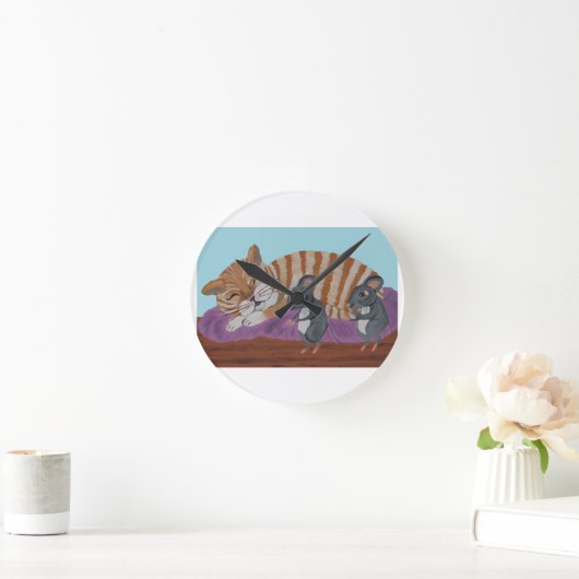眠っている猫とこっそりマウス サラシ枕 ラウンド壁時計 (ホーム)