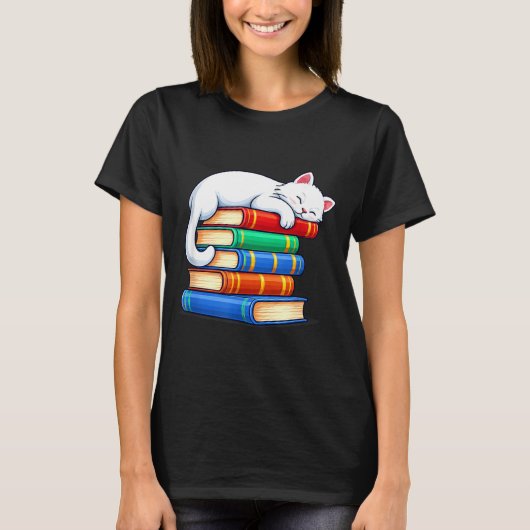 眠っている猫と本のキュートで面白い本好きな人向けグッズ Tシャツ (正面)