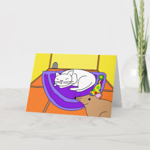 眠っている猫の誕生日、パーティー帽子とマウス カード