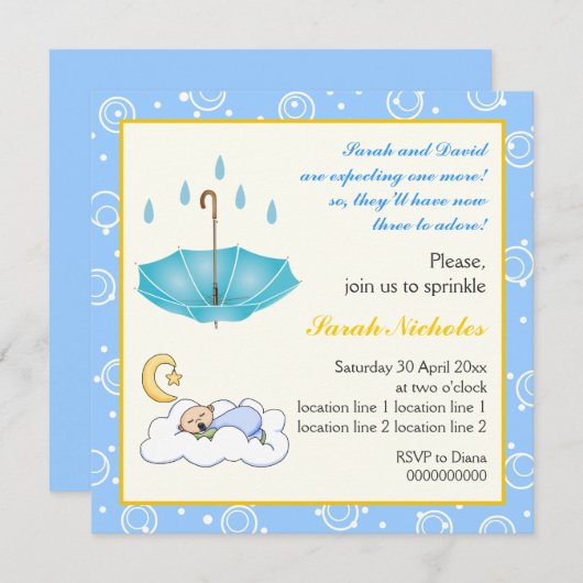 眠っている男の赤ちゃんの青い黄色の招待状 招待状 (正面/裏面)