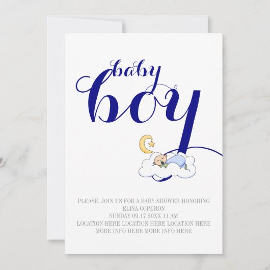 眠っている男の赤ちゃんシャワーネイビーブルー、ホワイト文字 招待状 (正面)