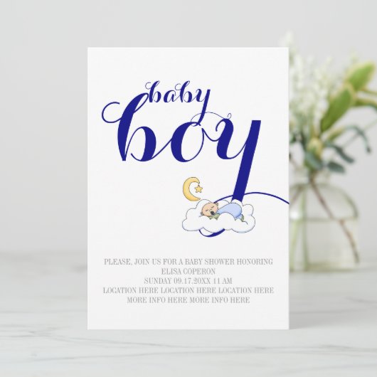 眠っている男の赤ちゃんシャワーネイビーブルー、ホワイト文字 招待状 (スタンド正面)