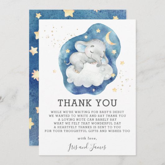 眠っている象のキラキラ星の赤ちゃんシャワーボーイ サンキューカード (正面/裏面)