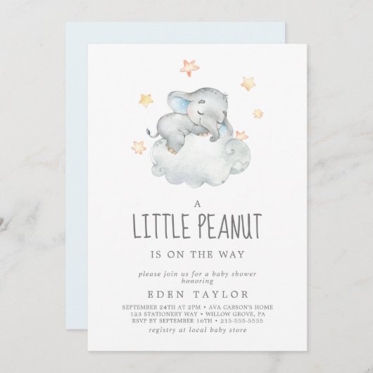 眠っている象の男の子の小さなピーナッツ赤ちゃんシャワー 招待状 (正面/裏面)