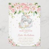 眠っている象赤面ピンクのフローラ赤ちゃんシャワー 招待状 (正面/裏面)