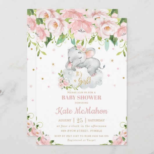 眠っている象赤面ピンクのフローラ赤ちゃんシャワー 招待状 (正面/裏面)