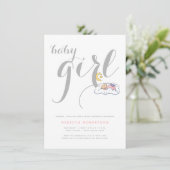 眠っている赤ちゃんの女の子のシャワー グレー ミニマル タイポグラフィー 招待状 (スタンド正面)