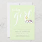 眠っている赤ちゃん女の子のシャワーグリーン淡い色のタイポグラフィ 招待状 (正面)