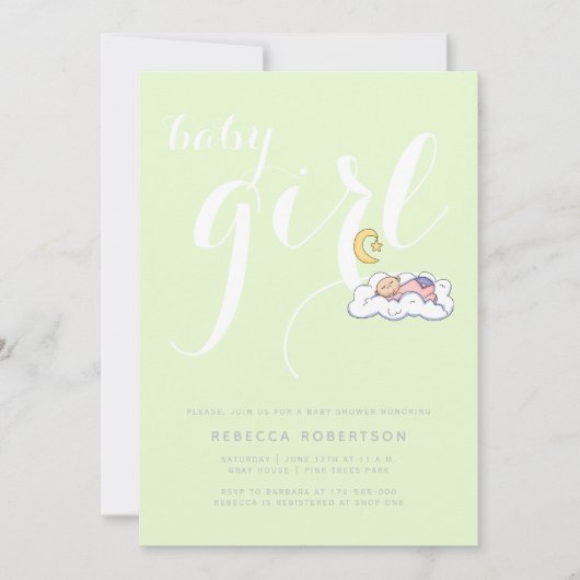眠っている赤ちゃん女の子のシャワーグリーン淡い色のタイポグラフィ 招待状 (正面)