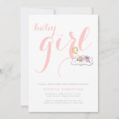 眠っている赤ちゃん女の子シャワーピンクエレガントタイポグラフィ 招待状 (正面)