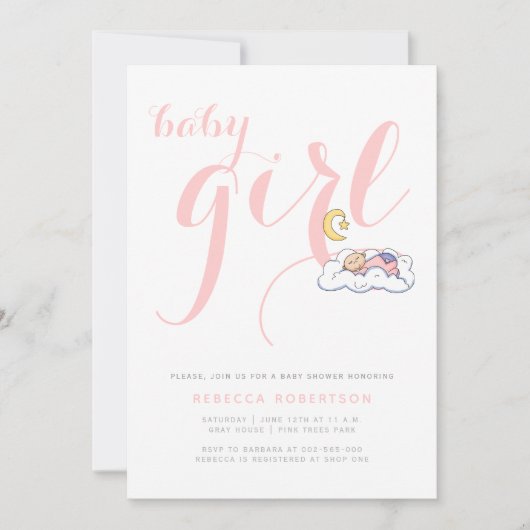 眠っている赤ちゃん女の子シャワーピンクエレガントタイポグラフィ 招待状 (正面)