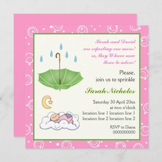 眠っている赤ん坊の女の子ピンクの緑の招待を振りかけている 招待状 (正面/裏面)