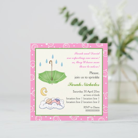 眠っている赤ん坊の女の子ピンクの緑の招待を振りかけている 招待状 (スタンド正面)