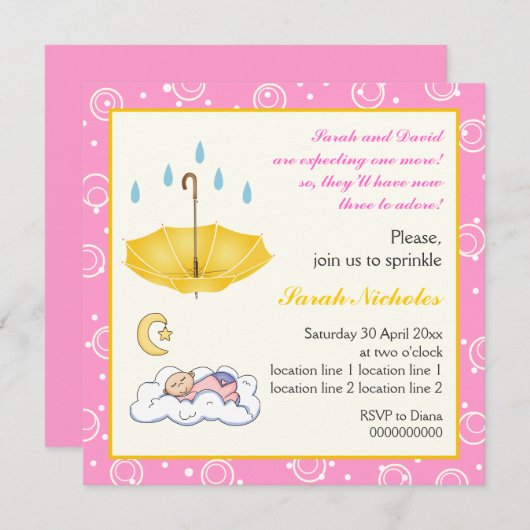 眠っている赤ん坊の女の子ピンクの黄色の招待を振りかけている 招待状 (正面/裏面)