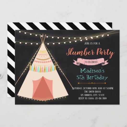眠りのテントの誕生日のパーティの招待状 招待状 (正面/裏面)