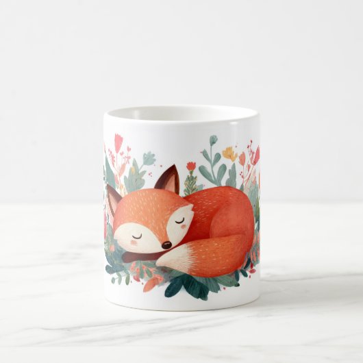 眠り狐の花柄かわいいイラスト コーヒーマグカップ (中央)