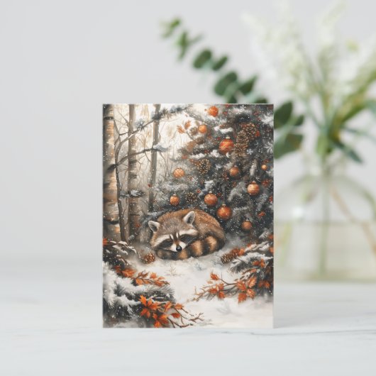 眠るアライグマお洒落のクリ素朴スマス ポストカード (スタンド正面)