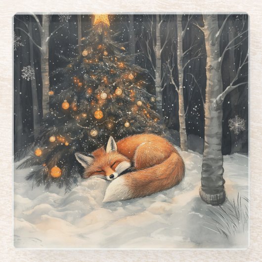 眠るキツネお洒落素朴クリスマス ガラスコースター (正面)