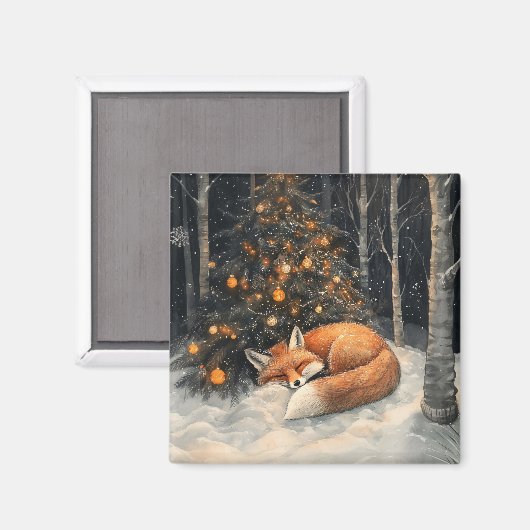 眠るキツネお洒落素朴クリスマス マグネット (正面/裏面)