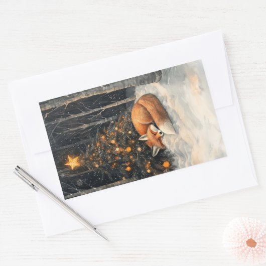 眠るキツネお洒落素朴クリスマス 長方形シール (封筒)