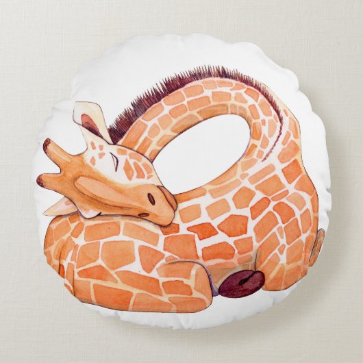 眠るキリン：穏やかな水色 ラウンドクッション (正面)