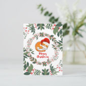 眠るクリスマスキャットウォーター色リース緑 ポストカード (スタンド正面)