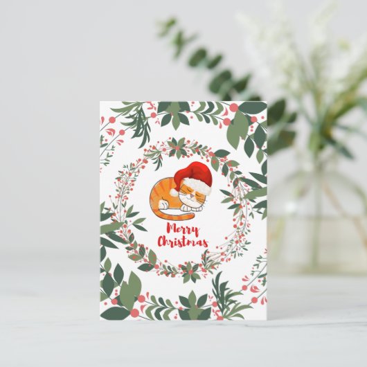 眠るクリスマスキャットウォーター色リース緑 ポストカード (スタンド正面)