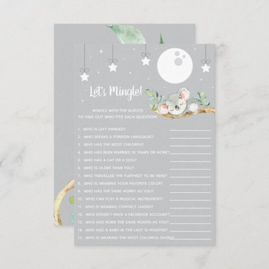 眠るコアラ赤ちゃんシャワーのゲームを混ぜよう! 招待状 (正面/裏面)