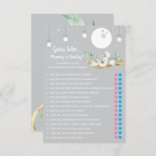 眠るコアラ赤ちゃんシャワーゲーム誰だと思う？ 招待状 (正面/裏面)