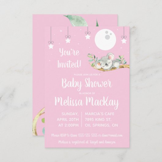 眠るコアラ赤ちゃんシャワーピンク 招待状 (正面/裏面)