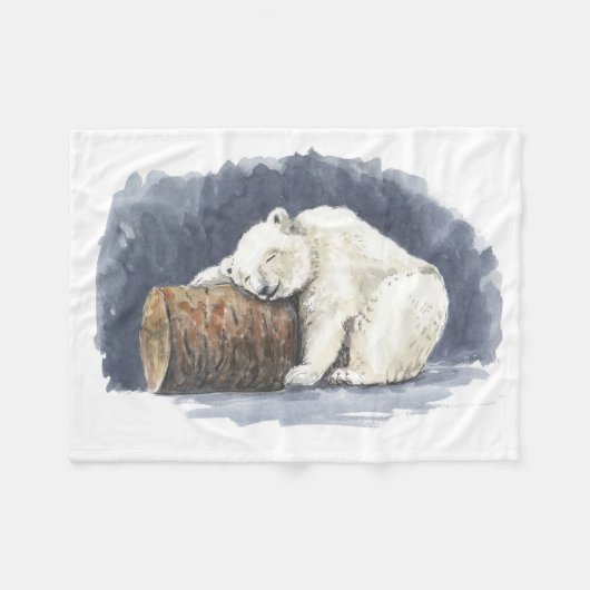 眠るシロクマ、水彩画 フリースブランケット (正面(横))