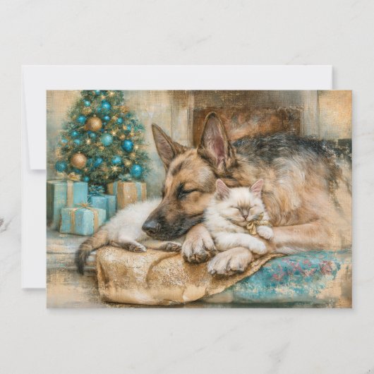 眠るジャーマンシェパードと白い子猫のクリスマス シーズンカード (正面)