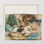 眠るジャーマンシェパードと白い子猫のクリスマス シーズンカード (正面/裏面)