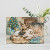 眠るジャーマンシェパードと白い子猫のクリスマス シーズンカード (スタンド正面)