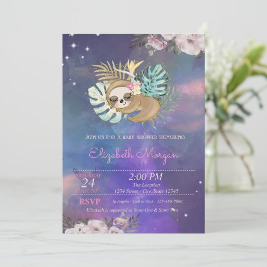 眠るスロースフローラ水色ベビーシャワー 招待状 (スタンド正面)