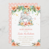眠るゾウ桃ピンクフローラベビーシャワー 招待状 (正面/裏面)
