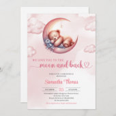 眠るテディベアームーンとバックガールベビーシャワー 招待状 (正面/裏面)