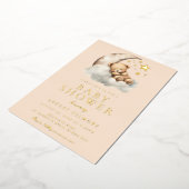 眠るテディベア月のベビーシャワー金ゴールド 箔招待状 (回転した状態)