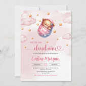 眠るテディベア雲9女の子の赤ちゃんシャワー 招待状 (正面)