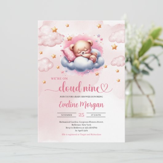 眠るテディベア雲9女の子の赤ちゃんシャワー 招待状 (スタンド正面)
